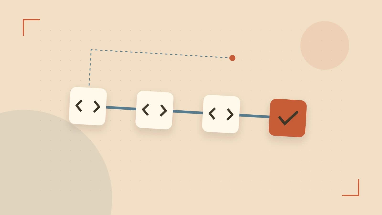 Editorial illustration of a branching build pipeline, staged transformations and a completed check