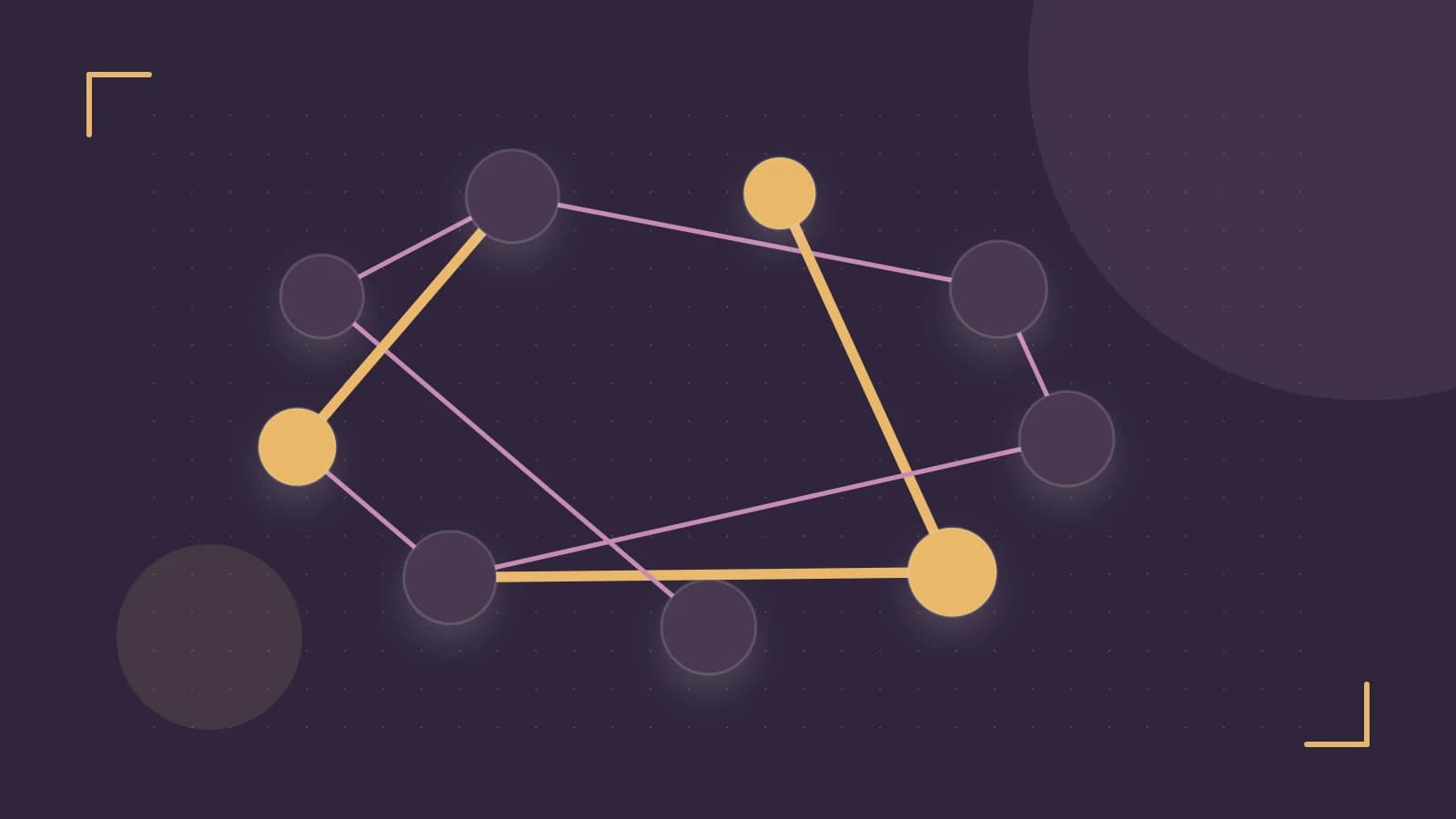 Editorial illustration of an algorithmic node graph with branching paths and a highlighted result