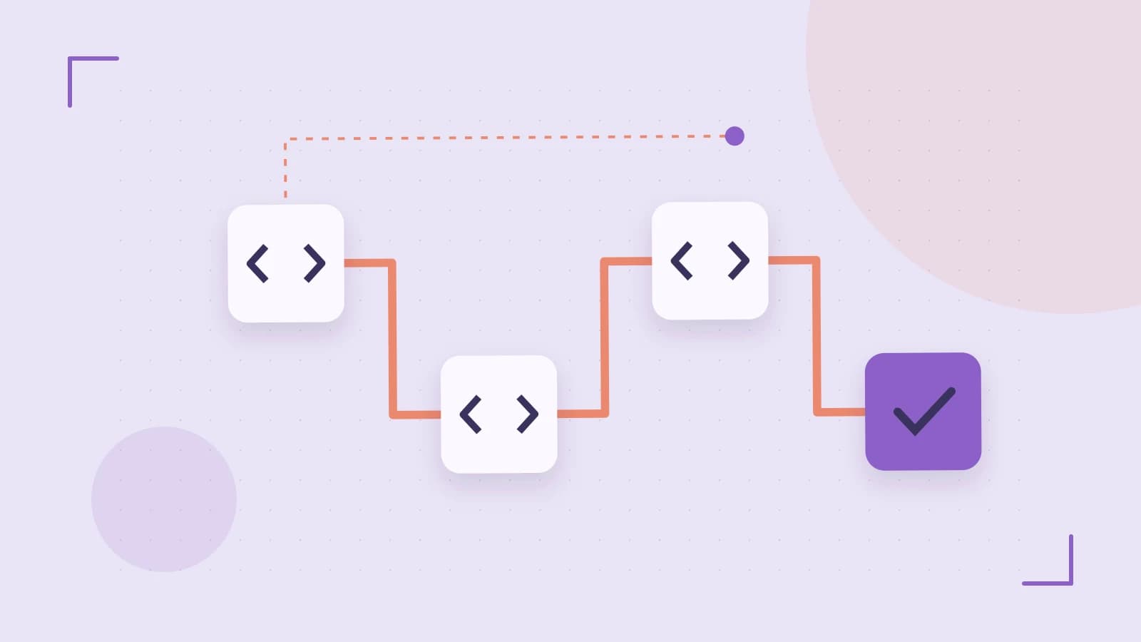 Editorial illustration of a branching build pipeline, staged transformations and a completed check