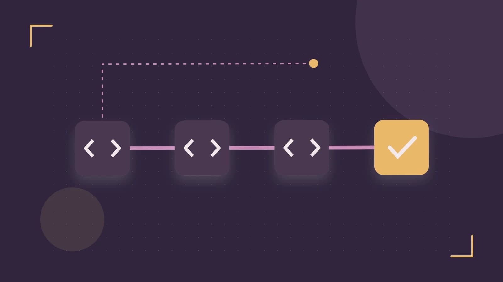 Editorial illustration of a branching build pipeline, staged transformations and a completed check