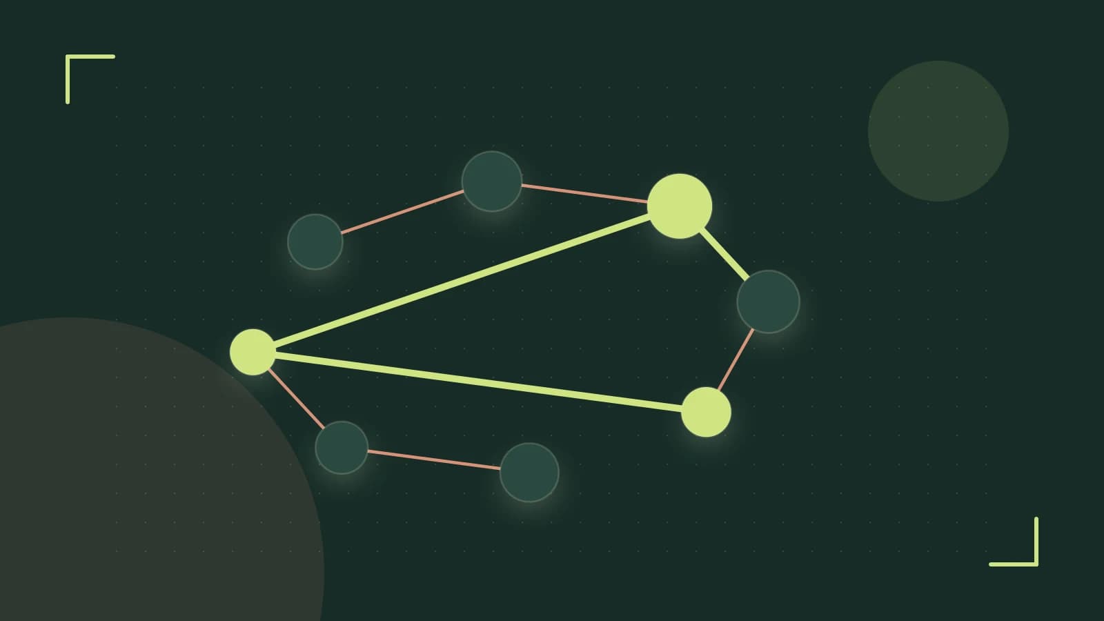 Editorial illustration of an algorithmic node graph with branching paths and a highlighted result
