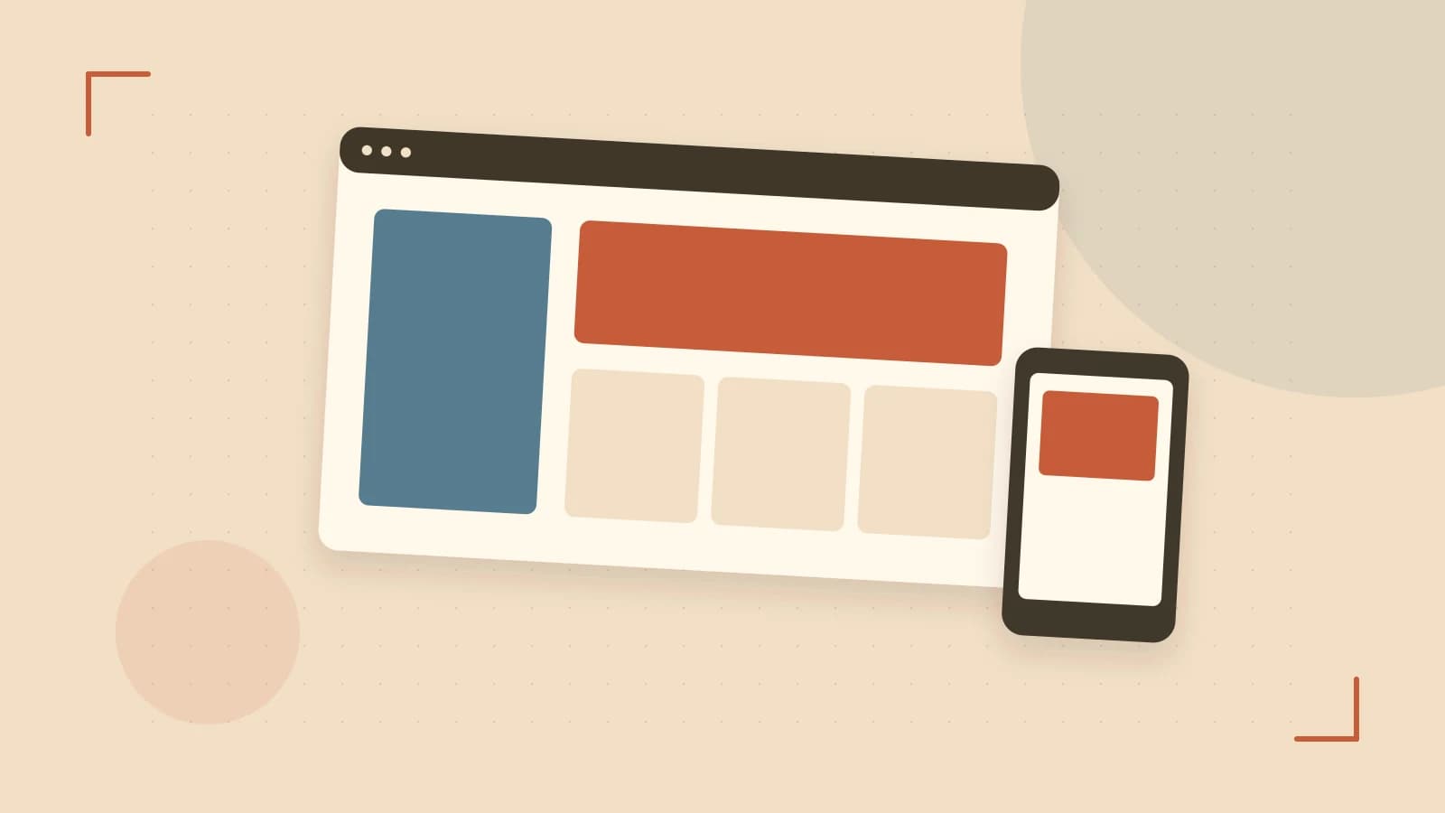 Editorial illustration of responsive browser layouts, overlapping design components and a color system