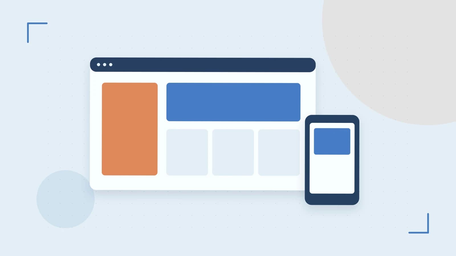 Editorial illustration of responsive browser layouts, overlapping design components and a color system