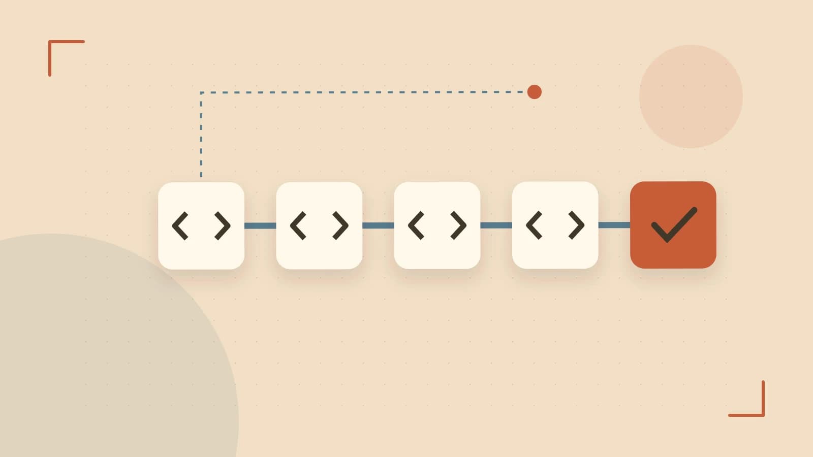 Editorial illustration of a branching build pipeline, staged transformations and a completed check
