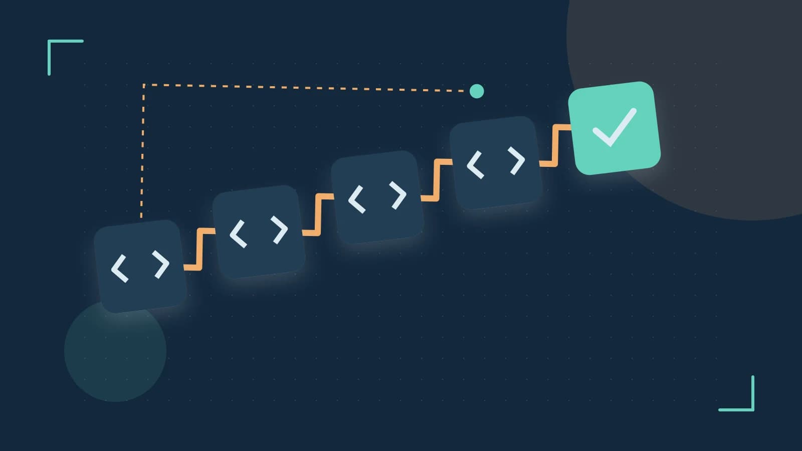 Editorial illustration of a branching build pipeline, staged transformations and a completed check