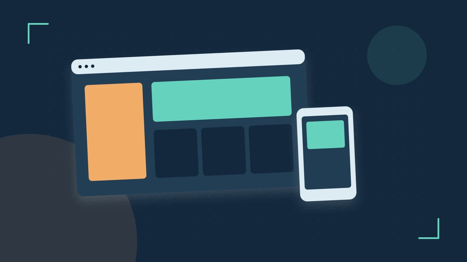 Editorial illustration of responsive browser layouts, overlapping design components and a color system