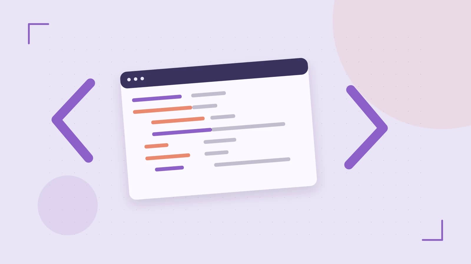 Editorial illustration of an abstract code editor, syntax blocks and oversized programming brackets