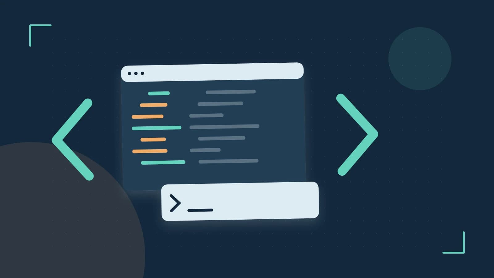 Editorial illustration of an abstract code editor, syntax blocks and oversized programming brackets