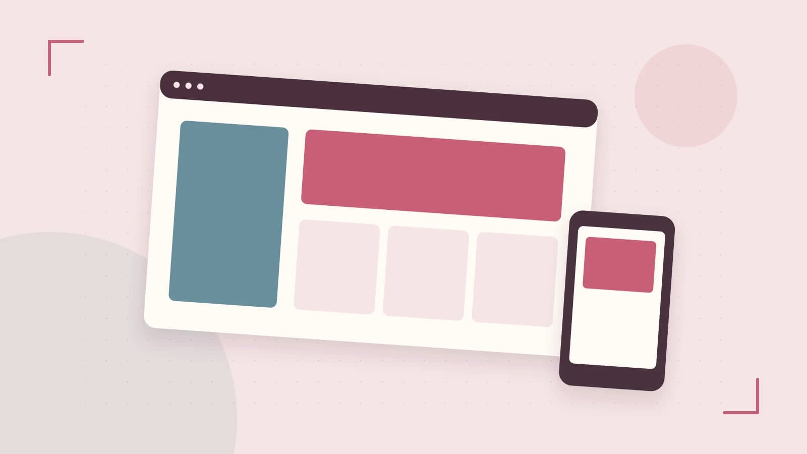 Editorial illustration of responsive browser layouts, overlapping design components and a color system