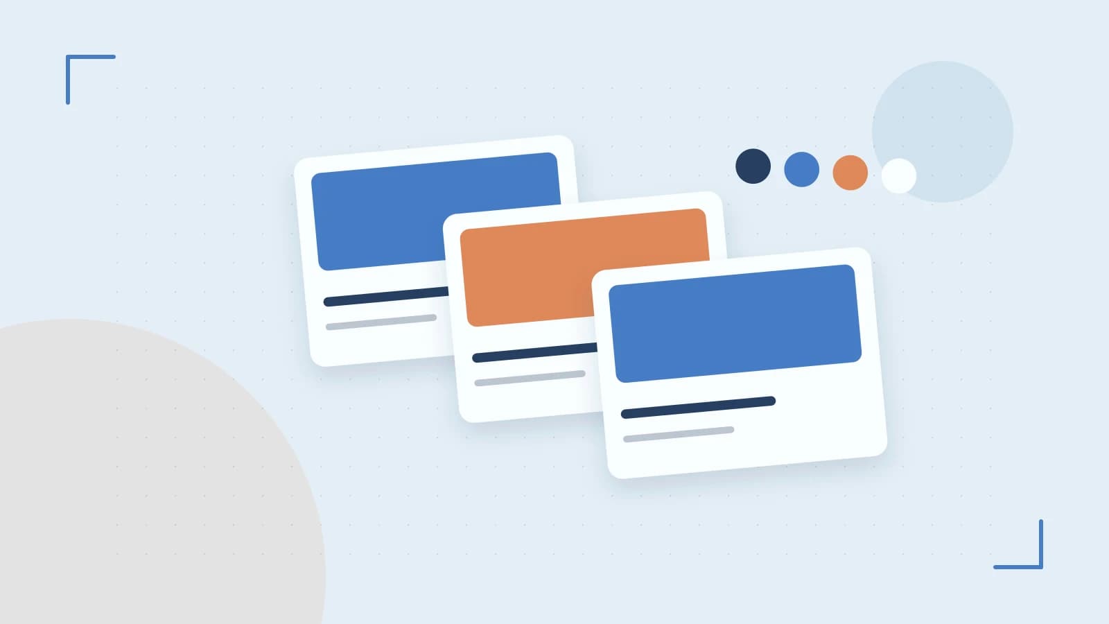 Editorial illustration of responsive browser layouts, overlapping design components and a color system