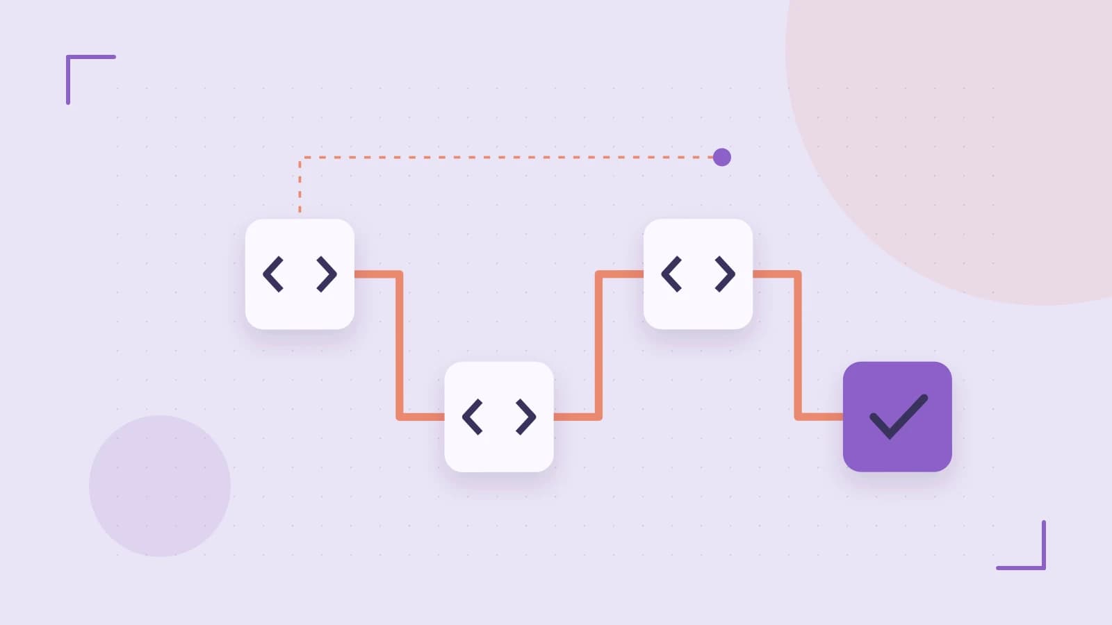Editorial illustration of a branching build pipeline, staged transformations and a completed check