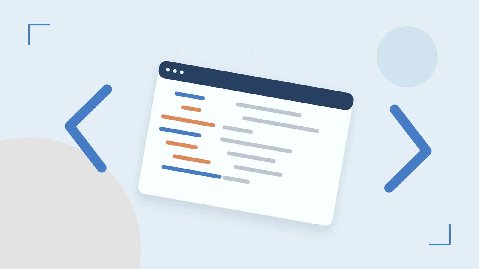 Editorial illustration of an abstract code editor, syntax blocks and oversized programming brackets