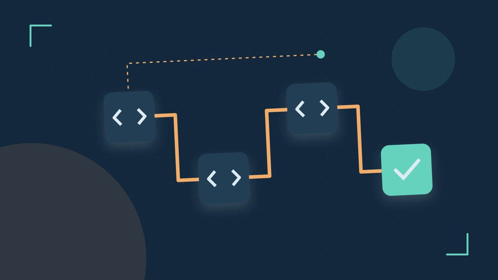 Editorial illustration of a branching build pipeline, staged transformations and a completed check