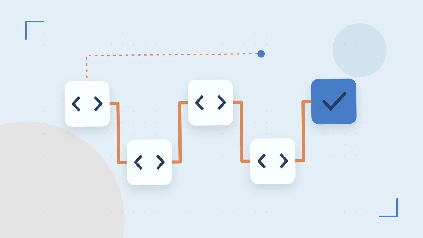 Editorial illustration of a branching build pipeline, staged transformations and a completed check