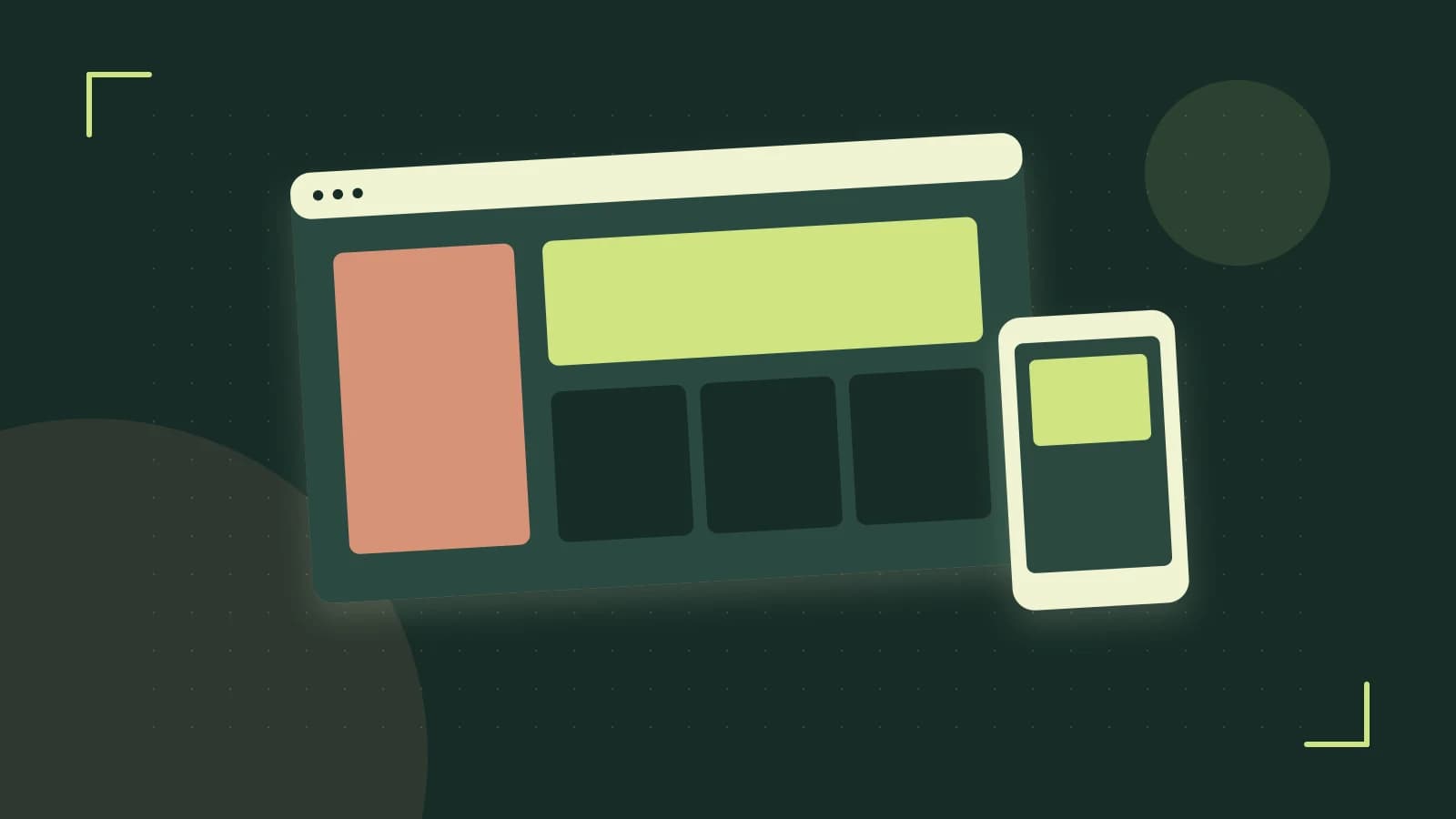 Editorial illustration of responsive browser layouts, overlapping design components and a color system