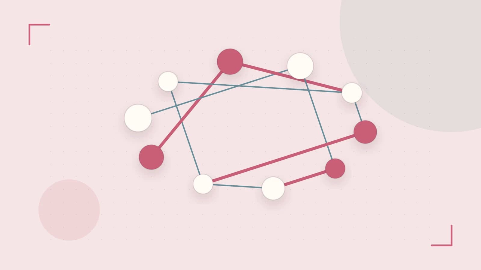 Editorial illustration of an algorithmic node graph with branching paths and a highlighted result