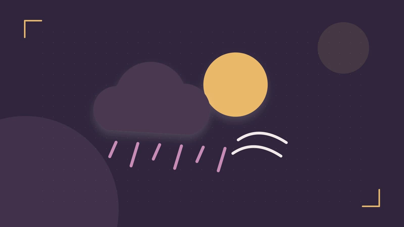 Editorial illustration of a sun, layered clouds, raindrops and flowing weather patterns