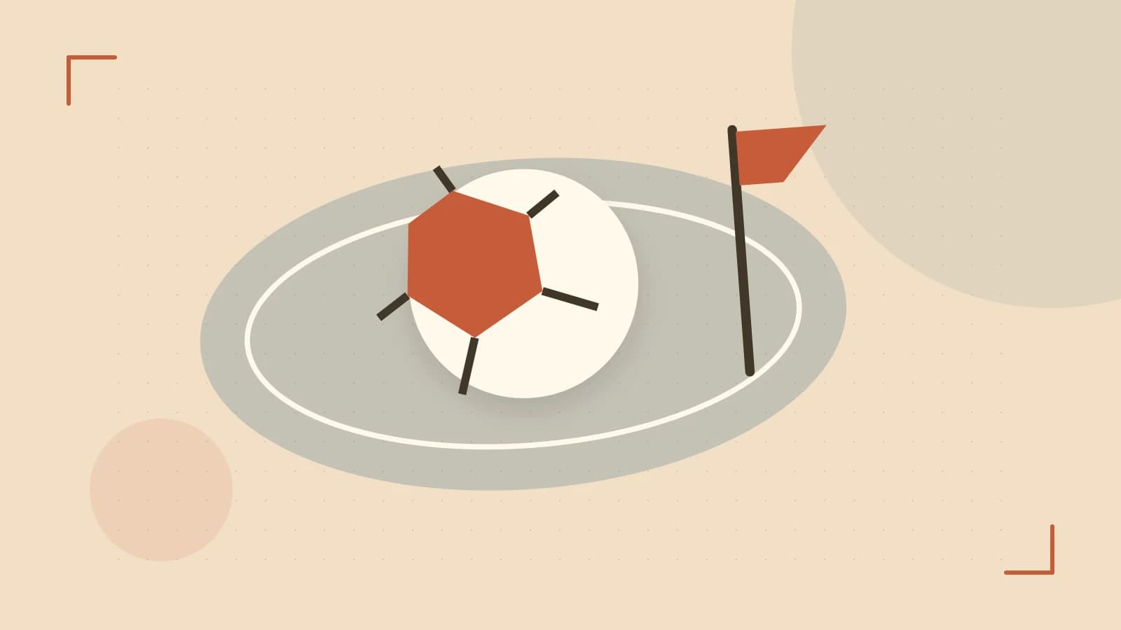 Editorial illustration of a stylized sports ball, stadium geometry and dynamic arcs