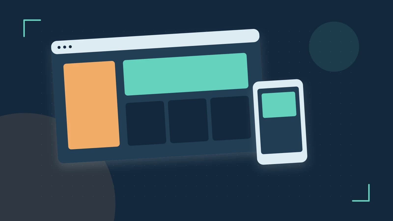 Editorial illustration of responsive browser layouts, overlapping design components and a color system