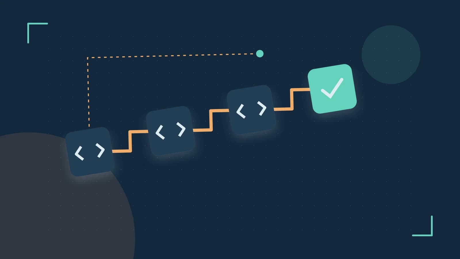 Editorial illustration of a branching build pipeline, staged transformations and a completed check
