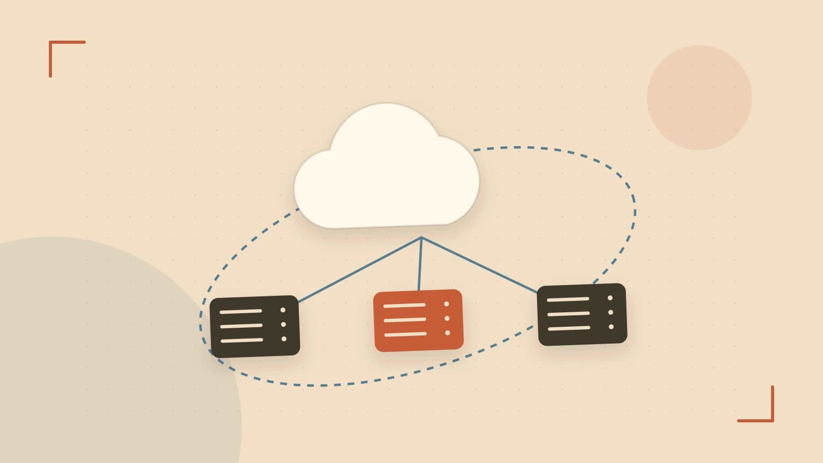 Editorial illustration of cloud infrastructure, connected server racks and an orbital service map