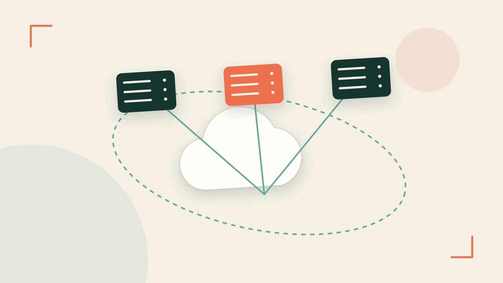 Editorial illustration of cloud infrastructure, connected server racks and an orbital service map
