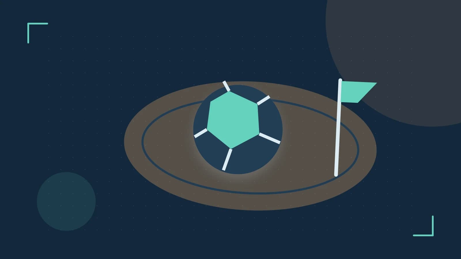 Editorial illustration of a stylized sports ball, stadium geometry and dynamic arcs
