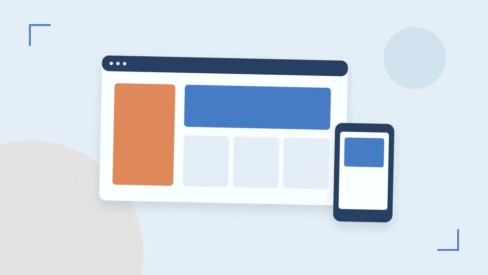 Editorial illustration of responsive browser layouts, overlapping design components and a color system