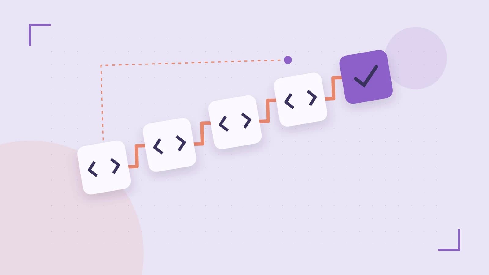 Editorial illustration of a branching build pipeline, staged transformations and a completed check