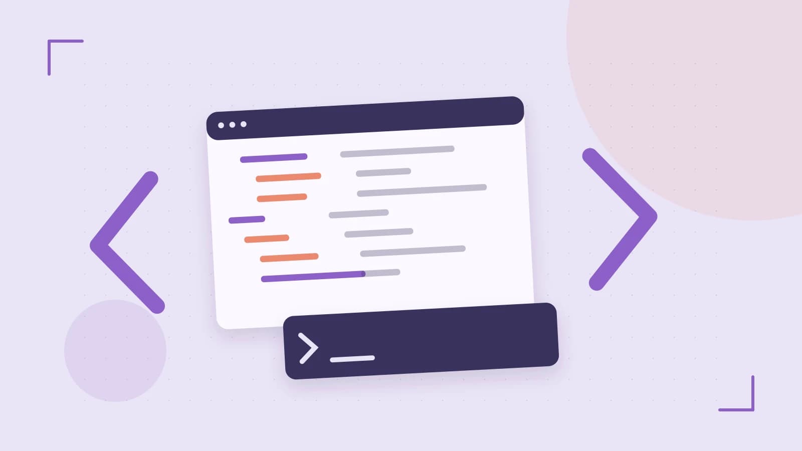 Editorial illustration of an abstract code editor, syntax blocks and oversized programming brackets