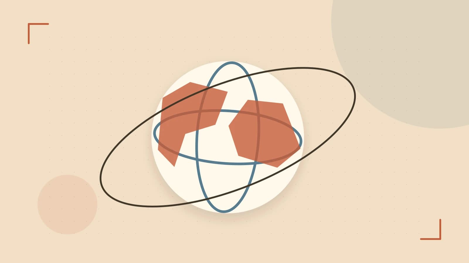 Editorial illustration of an editorial globe with meridians and layered geographic shapes