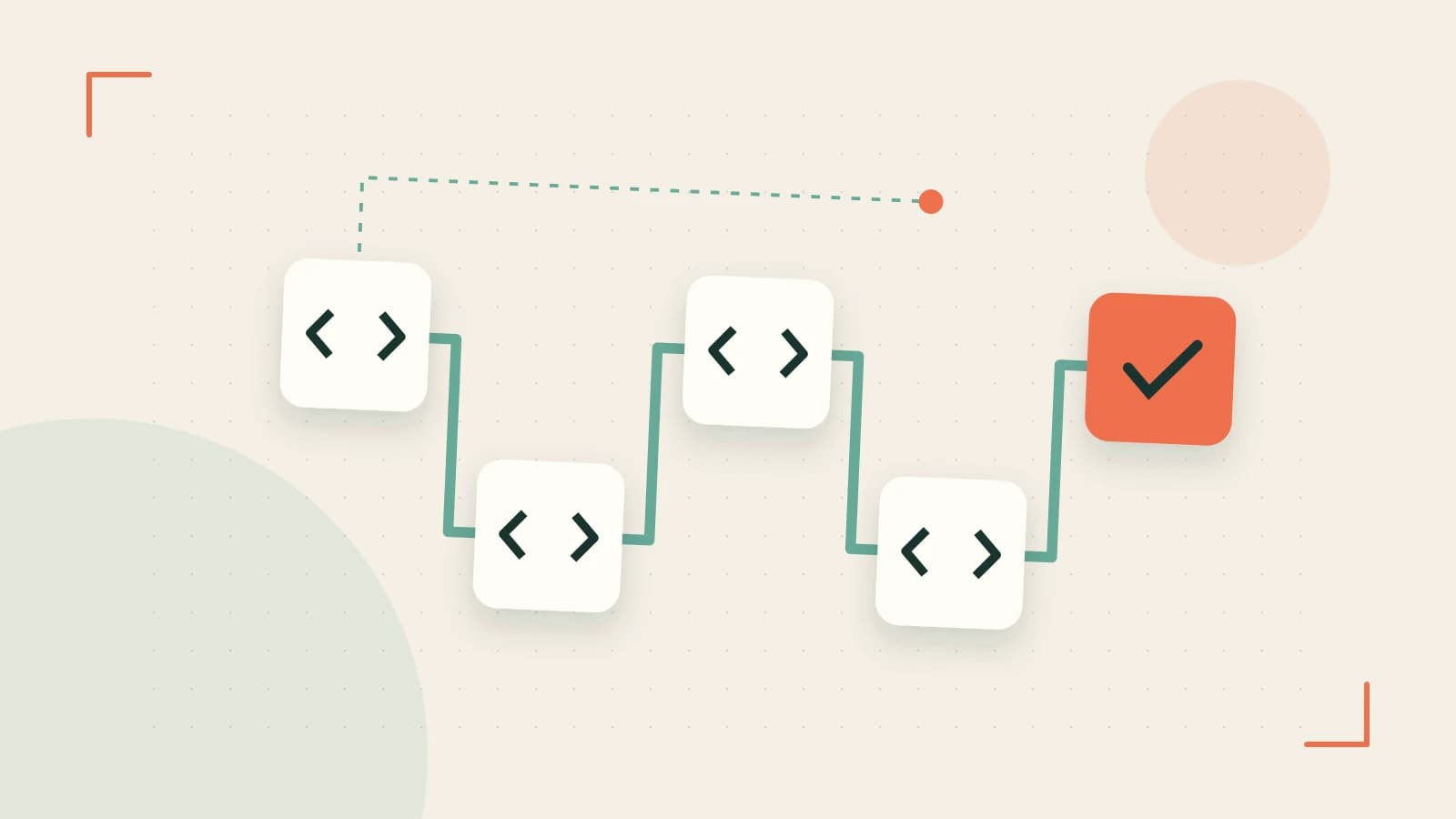 Editorial illustration of a branching build pipeline, staged transformations and a completed check