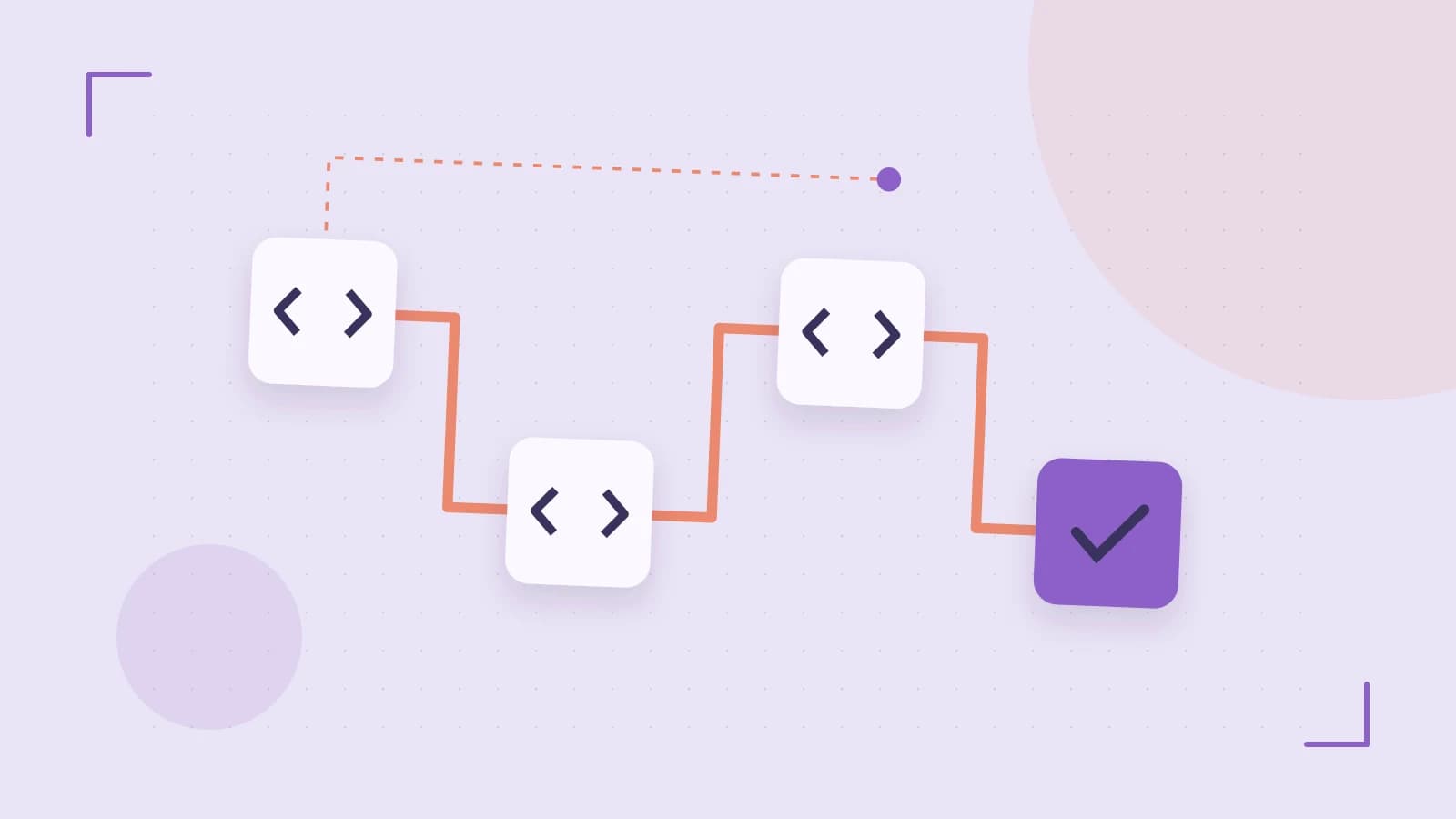 Editorial illustration of a branching build pipeline, staged transformations and a completed check