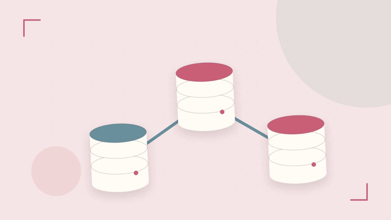 Editorial illustration of structured records, database cylinders and relationships between tables