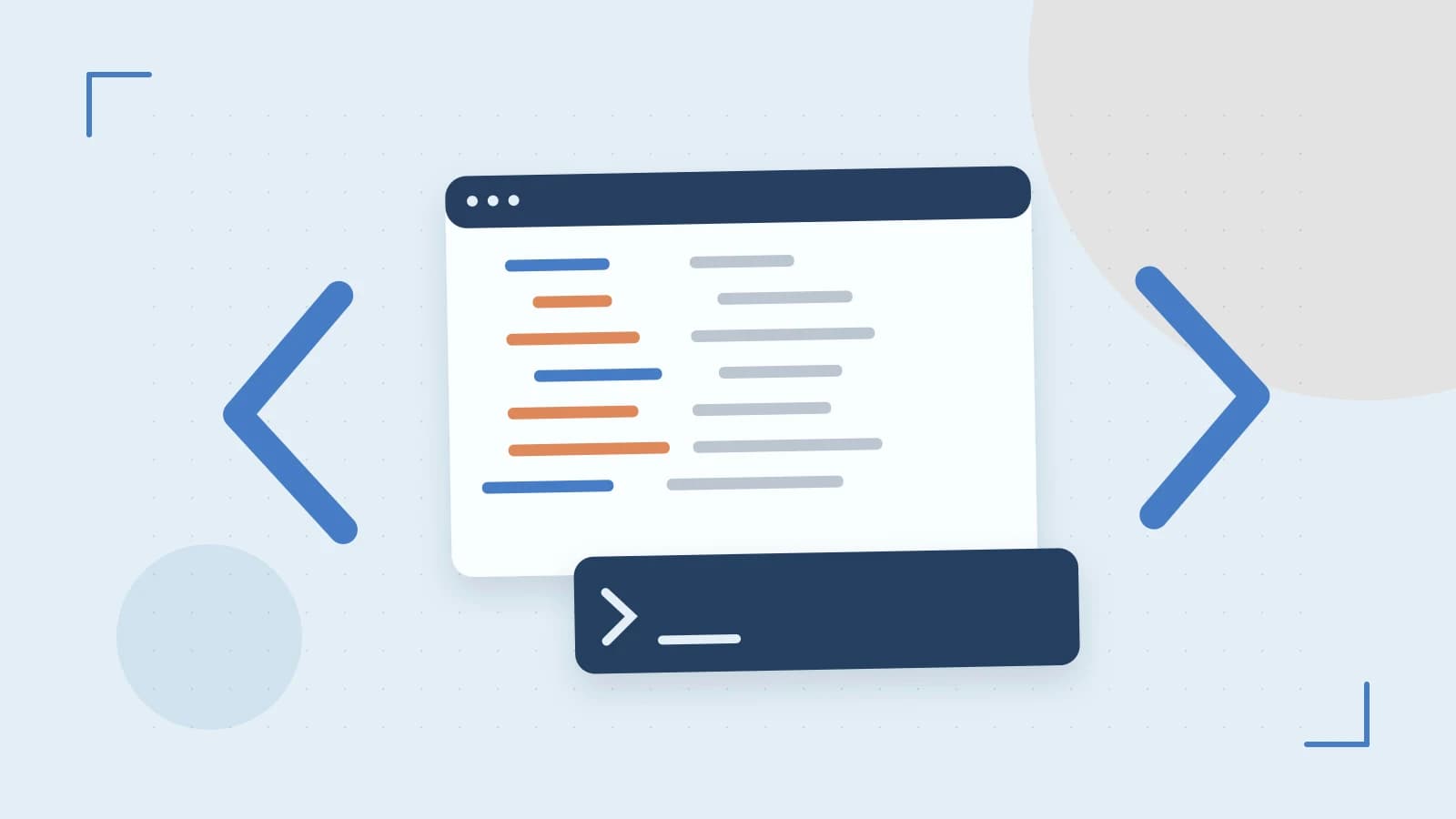 Editorial illustration of an abstract code editor, syntax blocks and oversized programming brackets