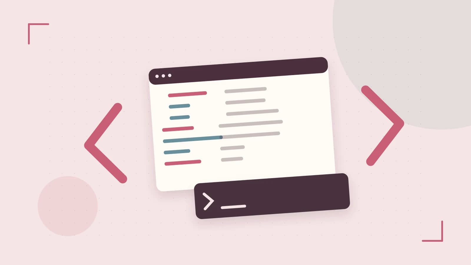 Editorial illustration of an abstract code editor, syntax blocks and oversized programming brackets