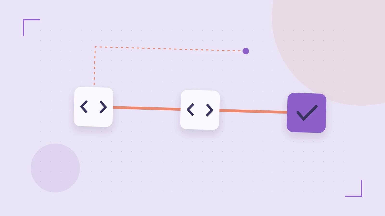 Editorial illustration of a branching build pipeline, staged transformations and a completed check