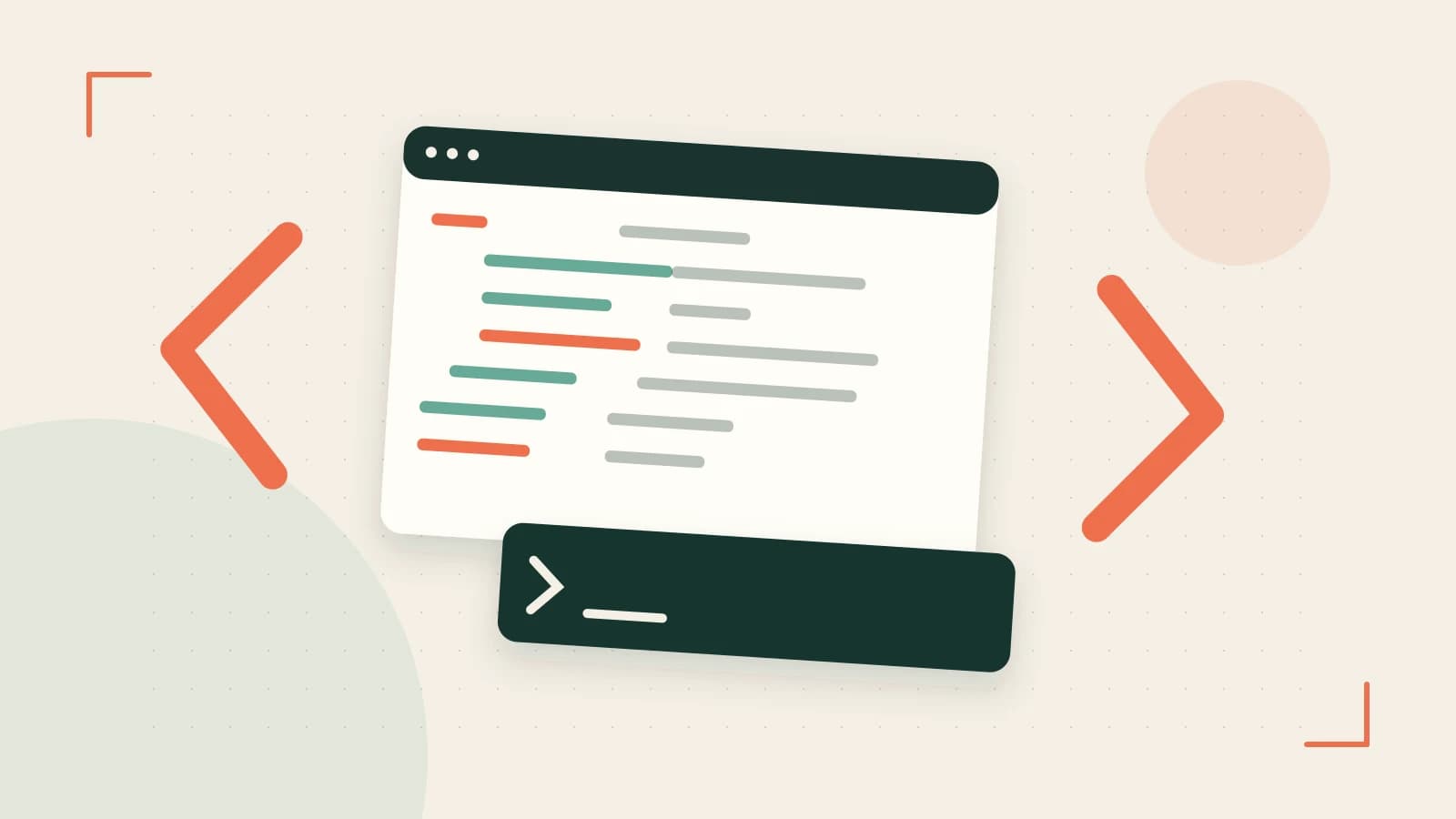 Editorial illustration of an abstract code editor, syntax blocks and oversized programming brackets