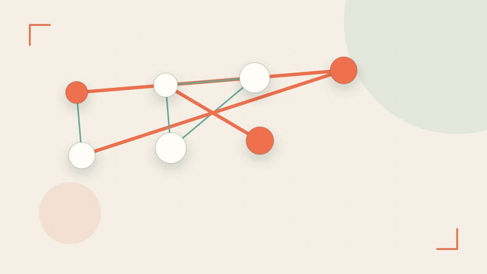 Editorial illustration of an algorithmic node graph with branching paths and a highlighted result