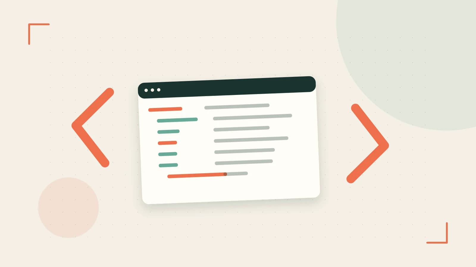 Editorial illustration of an abstract code editor, syntax blocks and oversized programming brackets