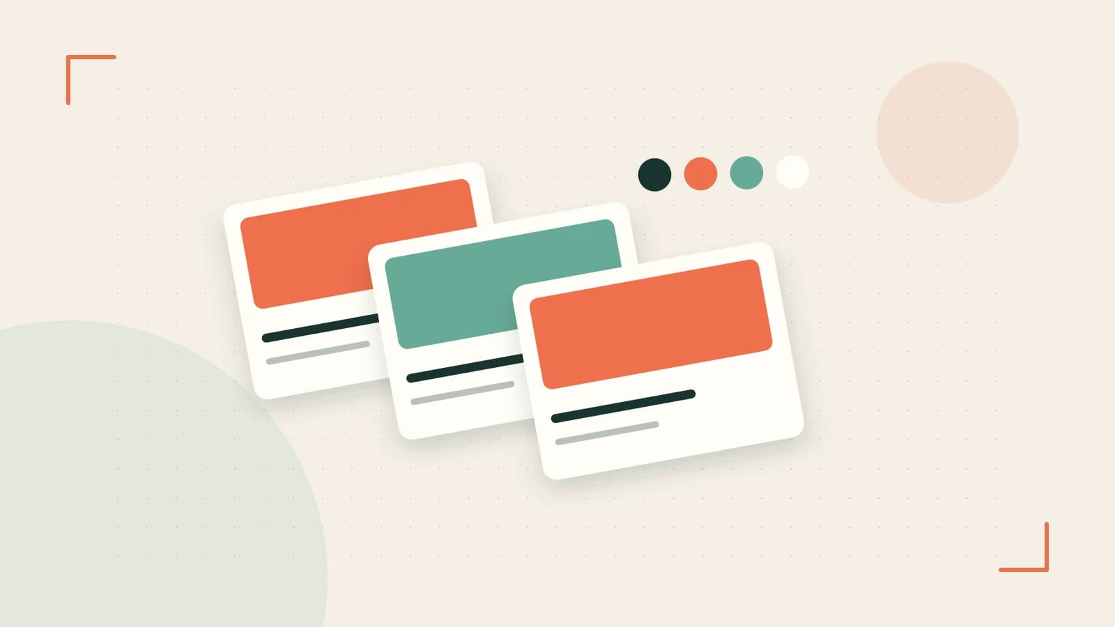 Editorial illustration of responsive browser layouts, overlapping design components and a color system