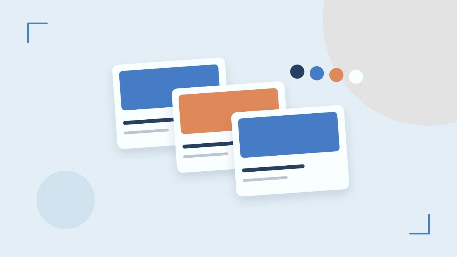 Editorial illustration of responsive browser layouts, overlapping design components and a color system