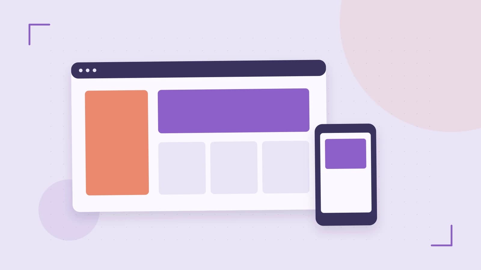 Editorial illustration of responsive browser layouts, overlapping design components and a color system
