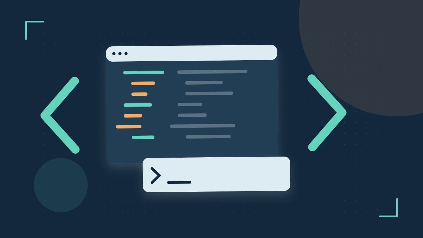 Editorial illustration of an abstract code editor, syntax blocks and oversized programming brackets