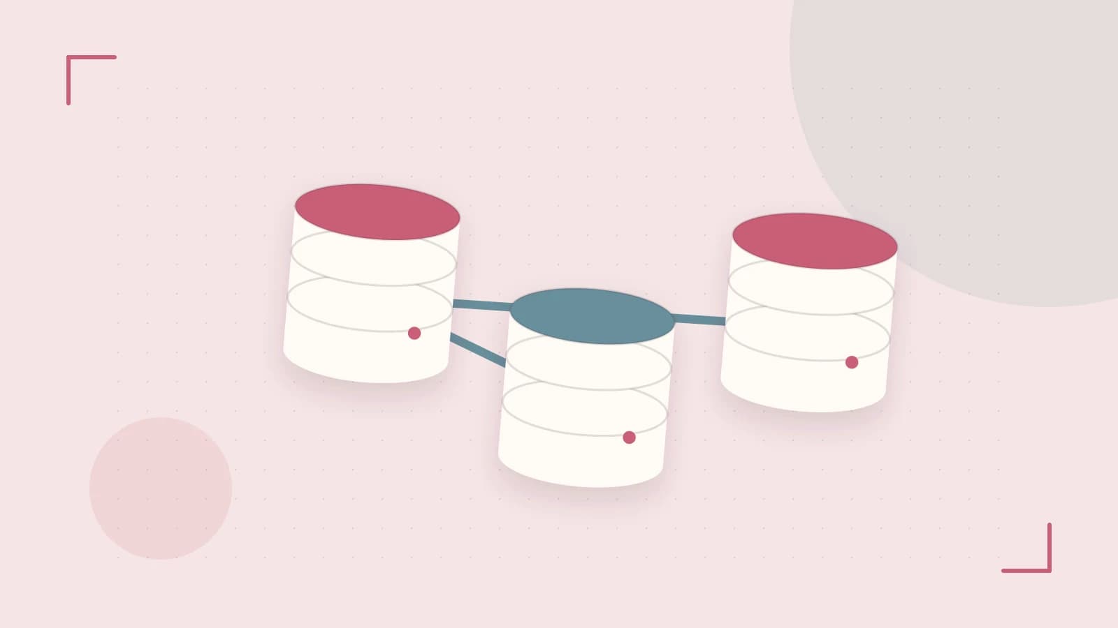 Editorial illustration of structured records, database cylinders and relationships between tables