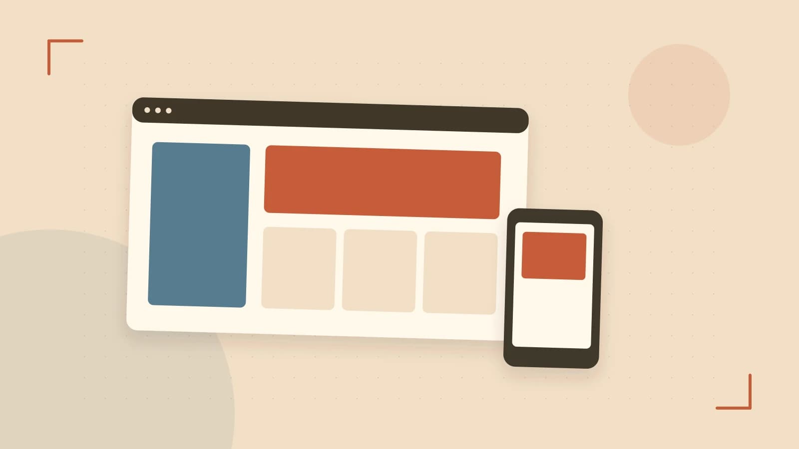 Editorial illustration of responsive browser layouts, overlapping design components and a color system