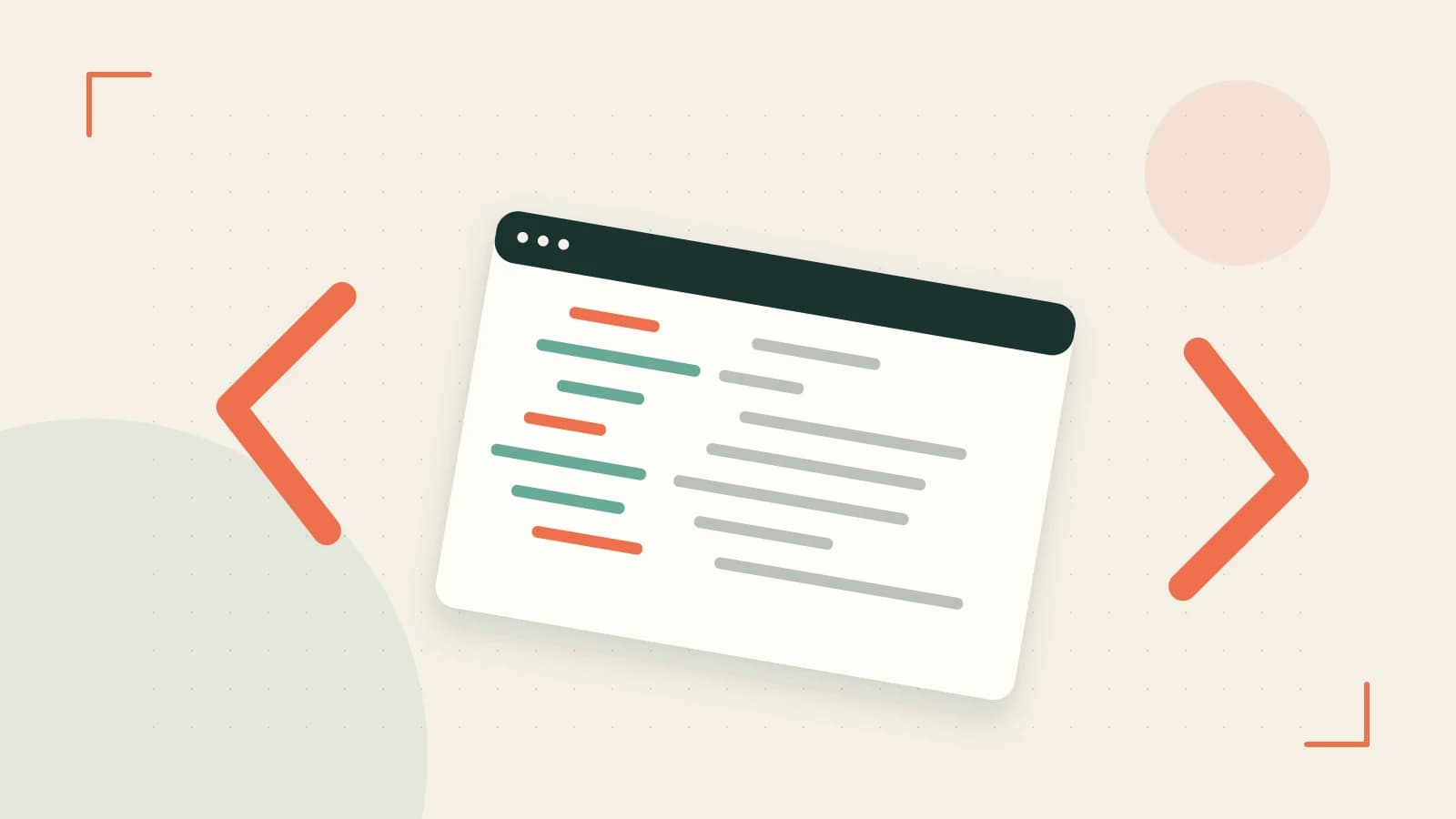 Editorial illustration of an abstract code editor, syntax blocks and oversized programming brackets
