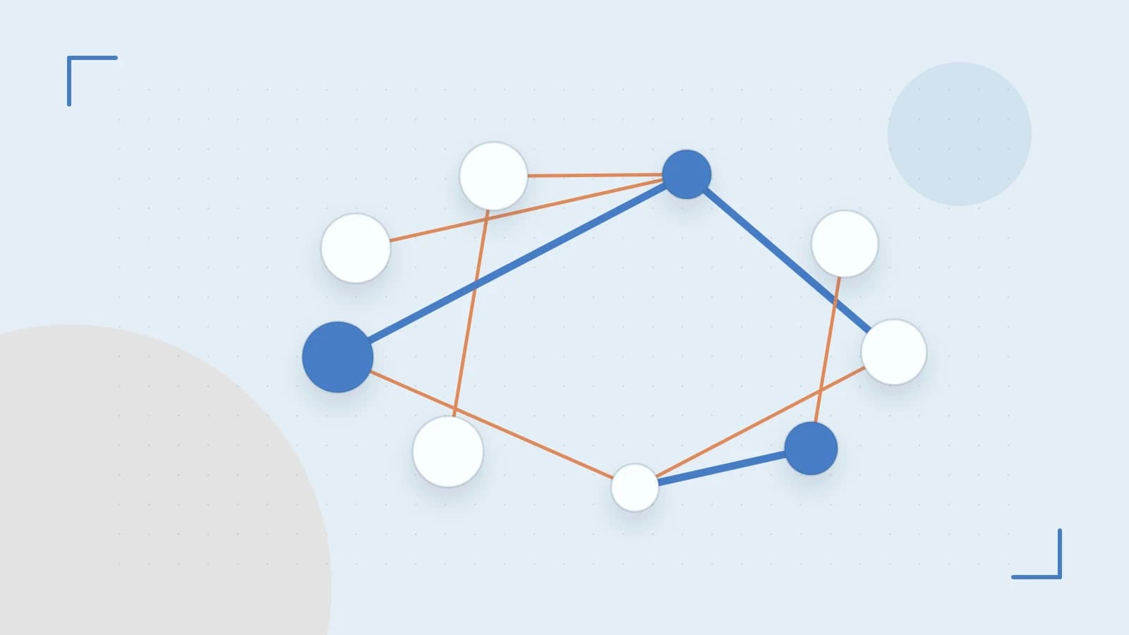 Editorial illustration of an algorithmic node graph with branching paths and a highlighted result