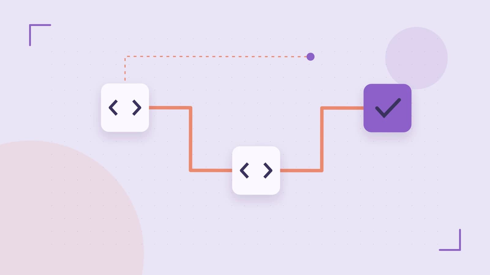 Editorial illustration of a branching build pipeline, staged transformations and a completed check