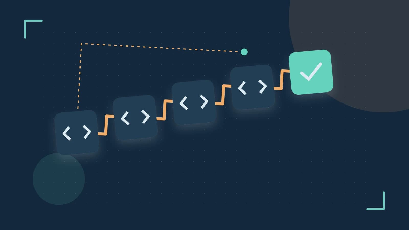 Editorial illustration of a branching build pipeline, staged transformations and a completed check